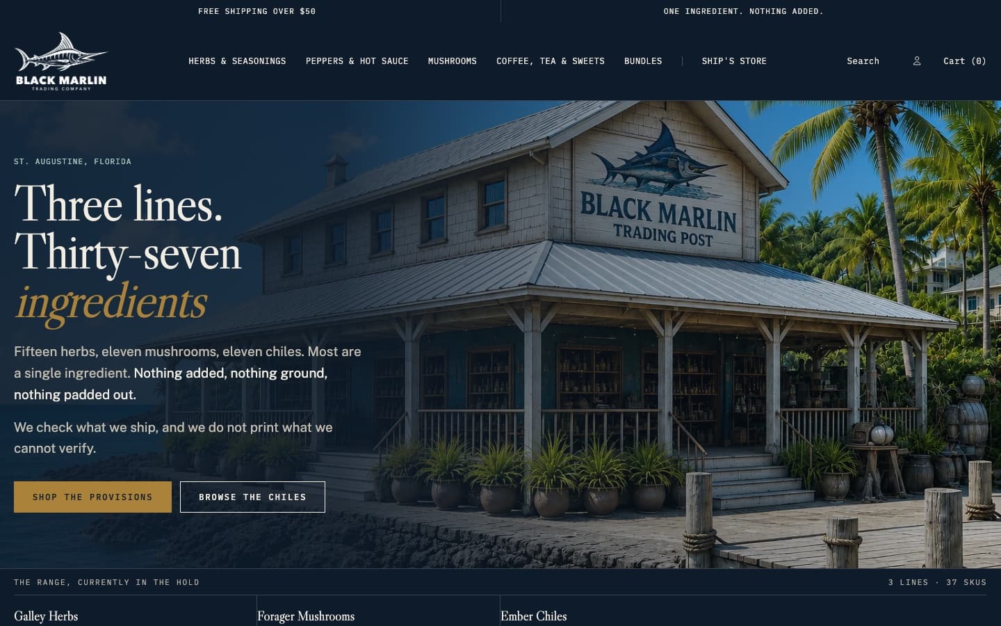 The Black Marlin Trading Company storefront: hero, product range and packaging